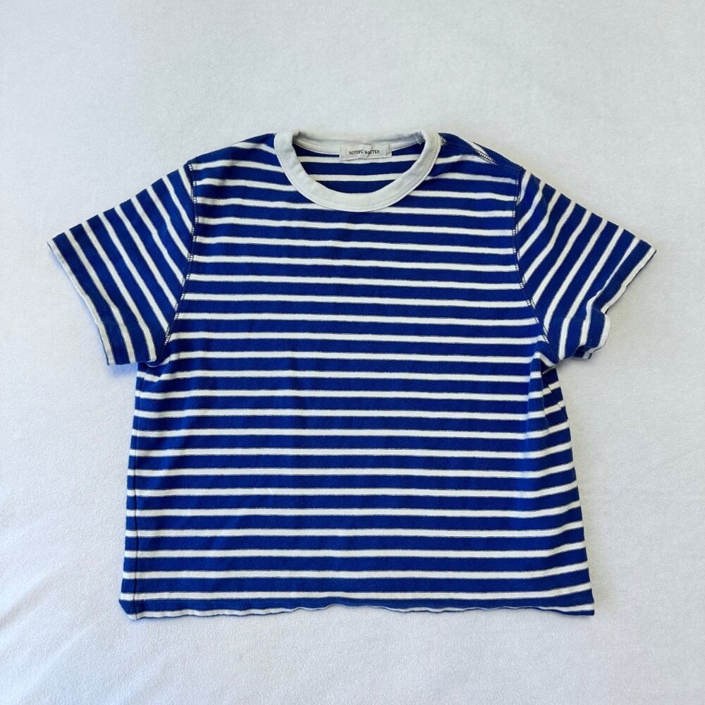 Nothing Written Boxy Crop Cotton T-Shirt Womens Size S? Blue Stripes Nautical